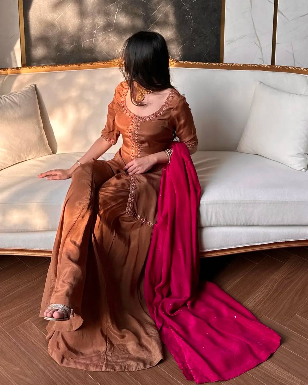 Luxe Brown Zari-Embroidered Flared Set
